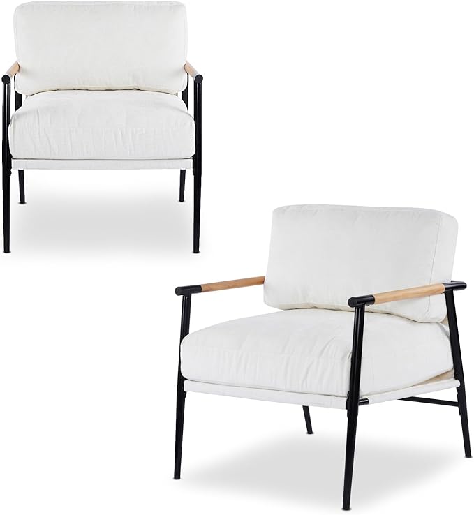 Accent Chair Living Room Chair Set of 2 Mid Century Modern Armchair Comfy Reading Chair for Bedroom Upholstered Chenille Fabric Lounge Chair W/Plush Cushions Metal Frame and Wooden Armrest White