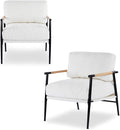 Accent Chair Living Room Chair Set of 2 Mid Century Modern Armchair Comfy Reading Chair for Bedroom Upholstered Chenille Fabric Lounge Chair W/Plush Cushions Metal Frame and Wooden Armrest White