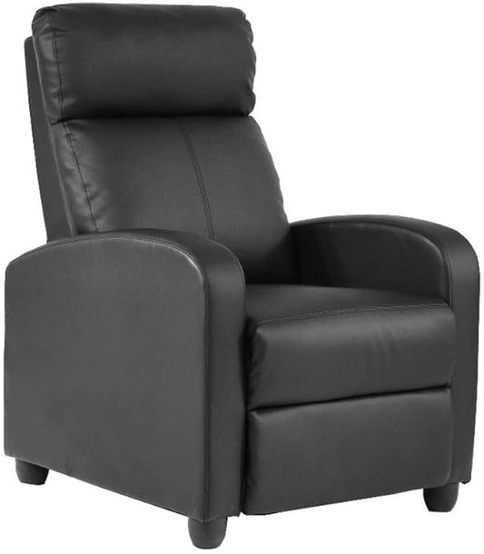 BOWERY HILL Modern Faux Leather Massage Recliner Chair Black Finish 8 Massage Functions Soft Padded Seat and Back Manual Push Back Comfortable Relaxation Living Room Seating Steel Frame