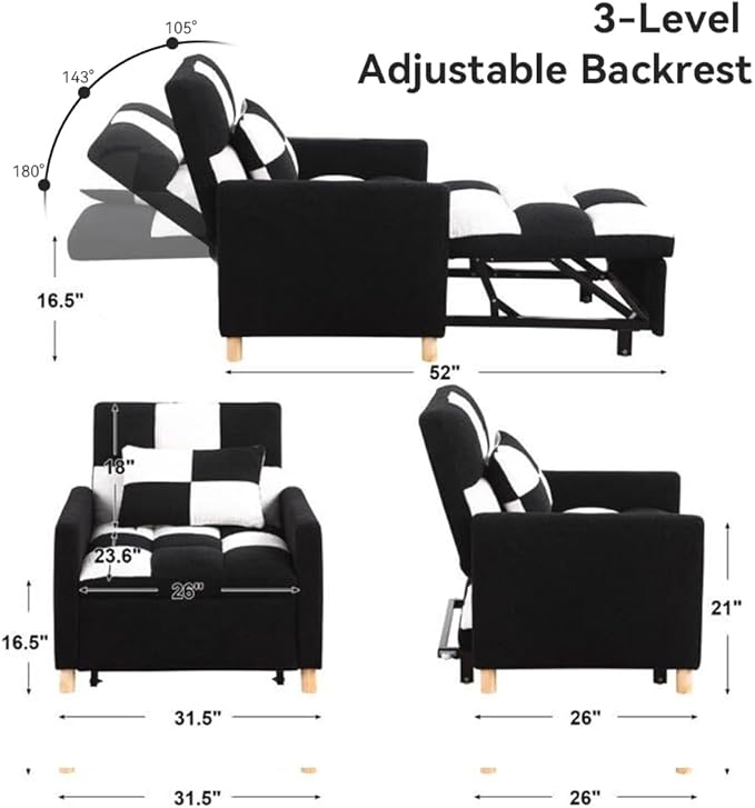Sleeper Chair BedConvertible Single Sofa Chair Bed with PillowPull Out Sleeper Bed with Adjustable BackrestMulti-Functiona Lounge Chair with Teddy Fabric for Living Room(Black White)