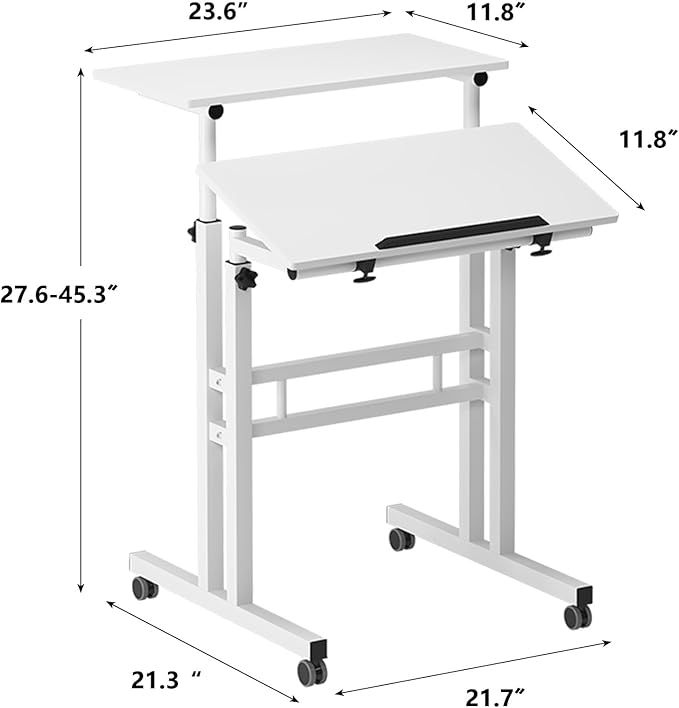 soges Mobile Standing Desk Adjustable Height Roling Sit-Stand Desk Small Standing Computer Desk Workstation on Wheels Sit Stand Up Desk for Home Office White