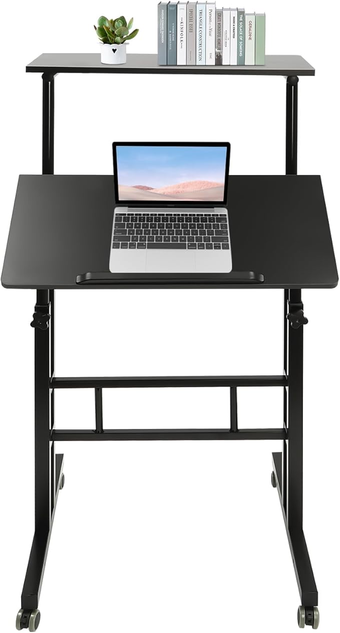 Mobile Standing Desk Adjustable Workstation with Wheels Portable Laptop Cart for Standing or Sitting (Black)