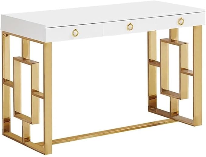 Best Master Furniture Barento 47 White Gloss Rectangular Computer Desk with 3 Drawers and Ring Handles Stainless Steel Sled Base Contemporary Office Desk for Home Study or Workspace (Gold)