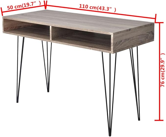 Grey Desk for Home Office Shaped Computer Table Wood Shelves Bedroom Storage and Metal Legs