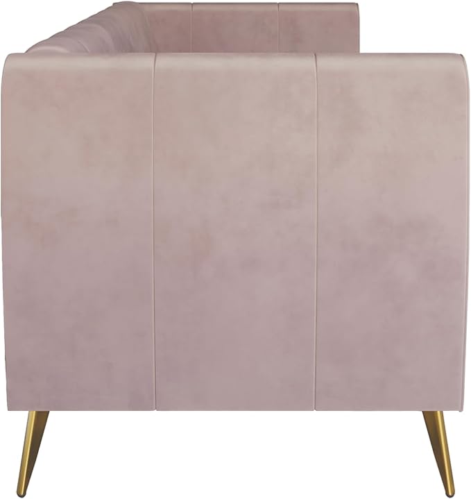 HOME DESIGN Scarlett Glam Velvet Flared Arm 3-Seater Sofa with Channel Tufting 4 Throw Pillows Gold Metal Legs Pink