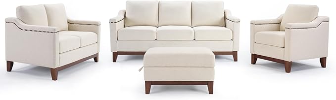 4-Piece Living Room Sofa Set with Coffee Table Vintage Rivet Couch Sets with Solid Wood Legs Sofas Furniture of Ottoman with Storage Space Armchair Loveseat and 3-Seat Sofa Beige