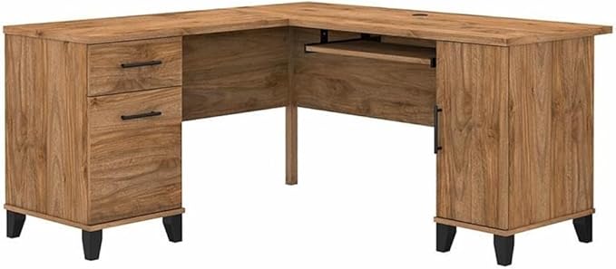 Pemberly Row 60W L Shaped Desk with Storage Engineered Wood Fresh Walnut Finish Adjustable Shelves File Drawer Keyboard Tray Home Office Corner Desk for Computer and Supplies Organization