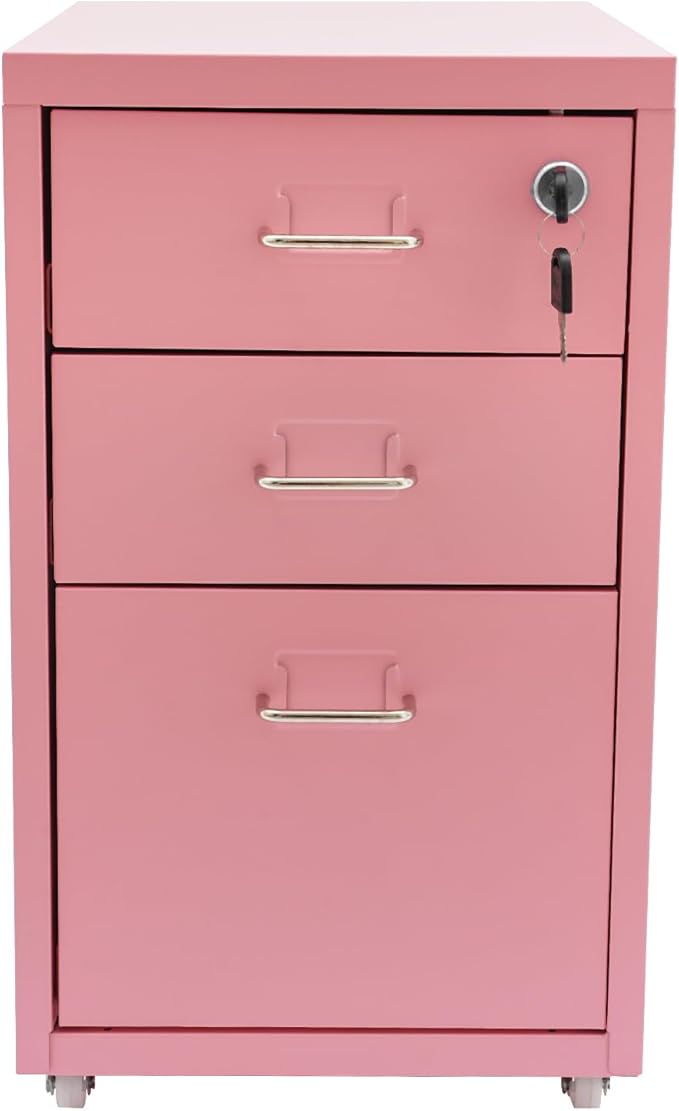 3-Tier Vertical File Cabinet Metal Mobile File Cabinet with Lock+Wheels Lockable Filing Cabinet with 2 Keys Rolling File Cabinets with Lock for Home Office (Pink)