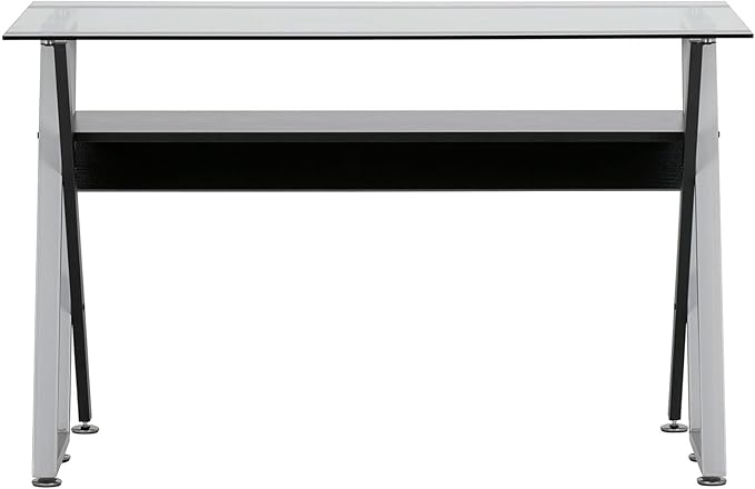 Calico Designs Colorado Glass Desk – 47 Modern Writing Desk with Tempered Glass Top Steel Frame &amp Storage Shelf – Home Office Computer or Study Table Black/Silver