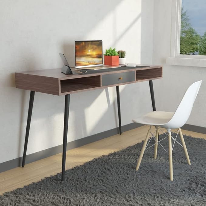 kevinplus Modern Mid-Century Desk with Drawer 46.8'' with Fast Charge USB Port &amp Power Outlet Study PC Computer Writing Desk with Type-C Ports Charging Station Home Office Desk Walnut &amp Dar