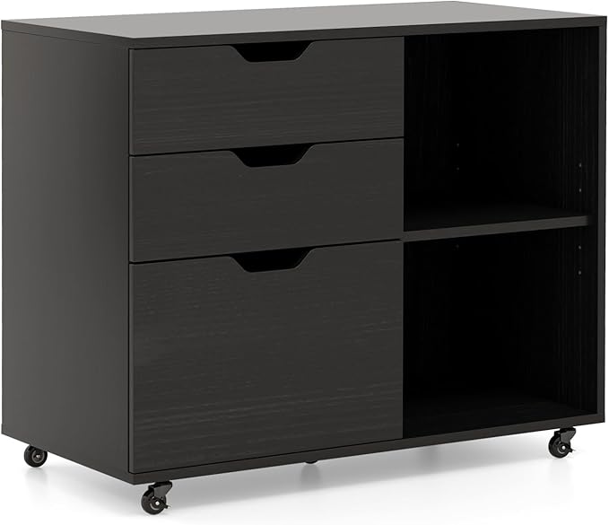 3 Drawer File Cabinet Wood Lateral Filing Cabinet for Hanging Letter A4 Legal Size Rolling Printer Stand with Adjustable Shelf Under Desk Storage for Home Office (Black)