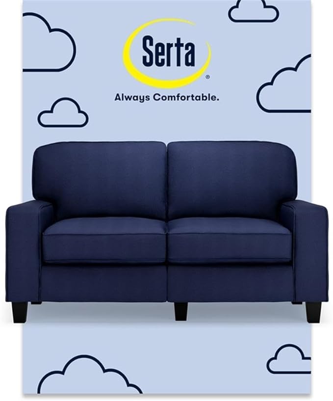 Pemberly Row 61 Track Arm Loveseat Sofa Navy Blue Polyester Upholstery Removable Covers Compact Space-Saving Design Solid Wood Frame Modern Style for Apartments Home Office or Living Room Use