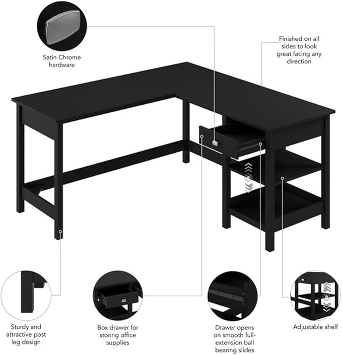 Bush Home Broadview 60W L Shaped Computer Desk with Storage in Classic Black Contemporary Table for Home Office Workspace