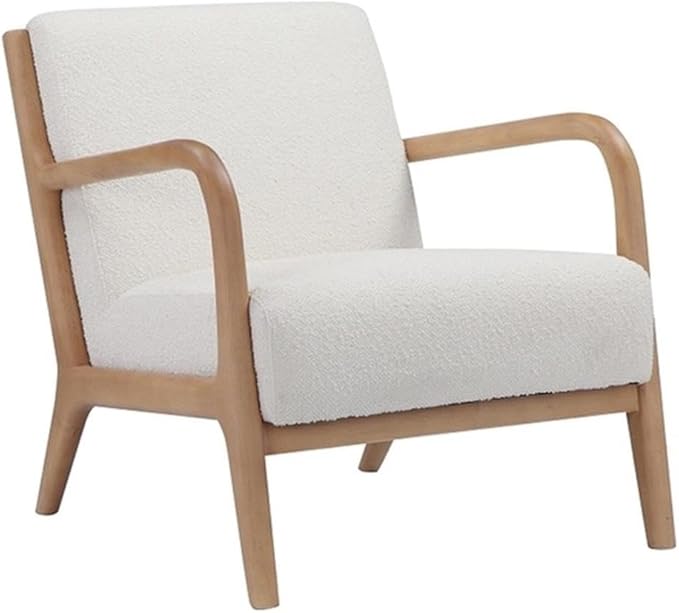 Pemberly Row Contemporary Lounge Chair White Boucle Fabric Wood Veneer Frame Modern Accent Armchair Fully Assembled Living Room Seating or Bedroom Lounge Chair