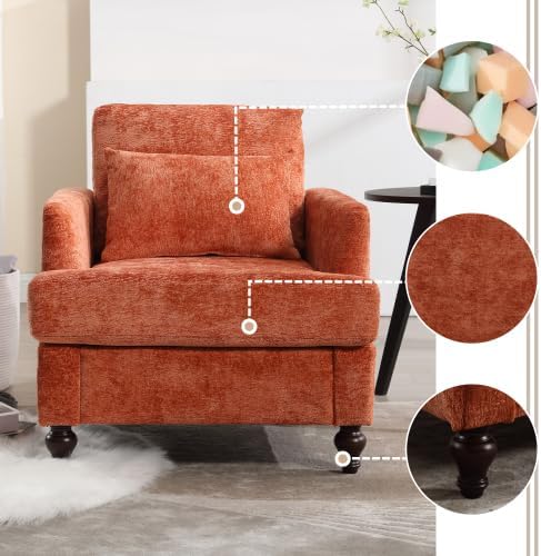Modern Accent Chair 29'' W Comfy Chenille Tufted Lounge Armchair for Living Room Upholstered Mid Century Reading Nook Chairs Single Sofa Chair Solid Wood Frame (Orange)