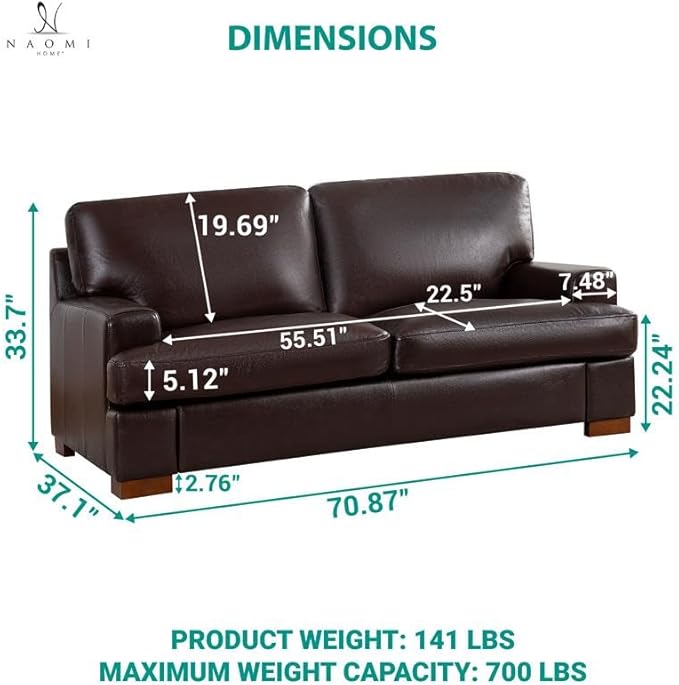 Naomi Home Genuine Leather Loveseat – Goose Feather Cushion Filling Square Arm Design Sturdy Block Legs – Cozy 2-Seater Sofa – Ideal for Living Room Office or Bedroom Espresso