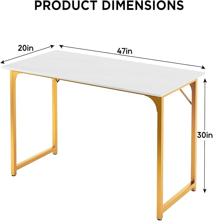 Computer Desk 48 Inch Office Desk with Metal Frame Home Office Desk Modern Simple Style for Home Office Living Room Bedroom White Gold
