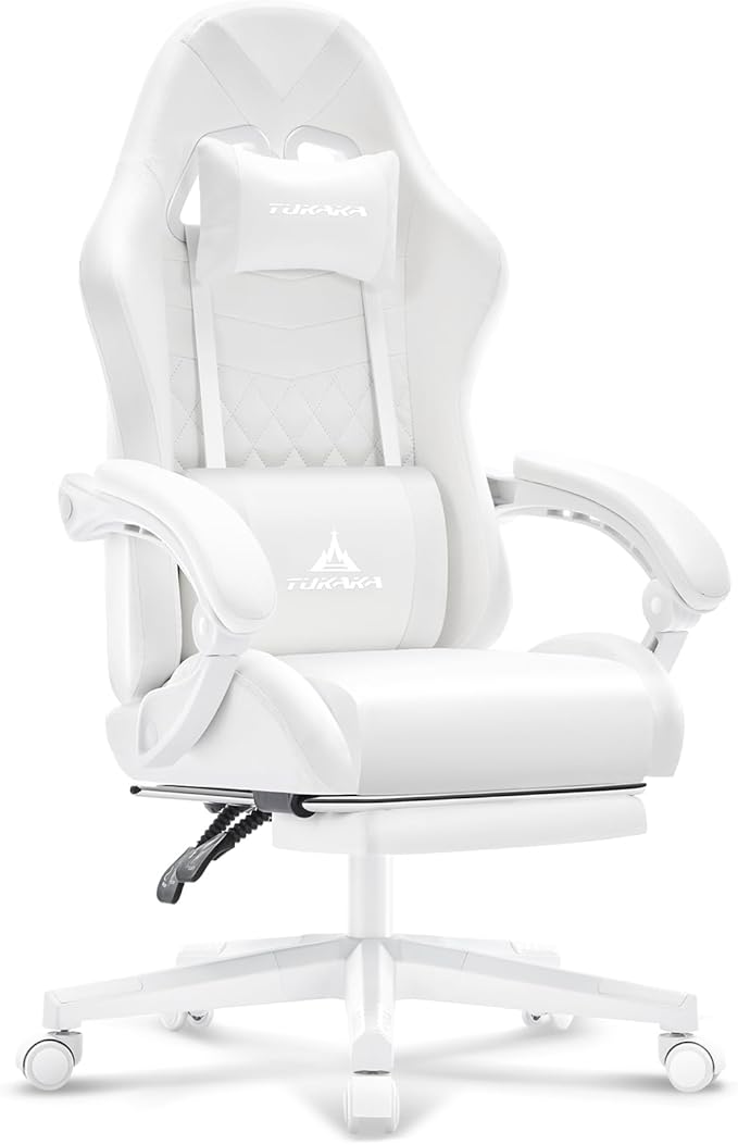 White Gaming ChairErgonomic Massage Computer Office Desk Chair with FootrestPocket Spring CushionReclining Leather Adjustable Gamer Chair with Headrest and Lumbar SupportWhite
