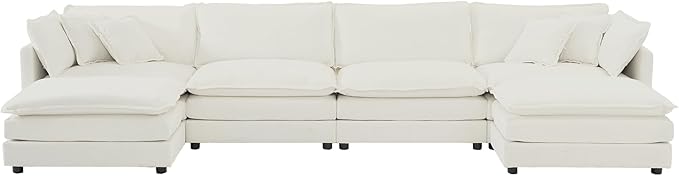kevinplus 146.5'' Modular Sectional Sofa Couch with Ottoman for Living Room Modern Contemporary U-Shaped Sofa Couch for Apartment Office Chenille Fabric White (4-Seat Couch + 2 Ottoman)
