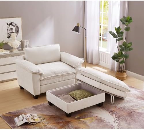 51-Inch Wide Oversized Chenille Recliner Sofa Ottoman with Storage - Upholstered Lounge Chair (Beige)