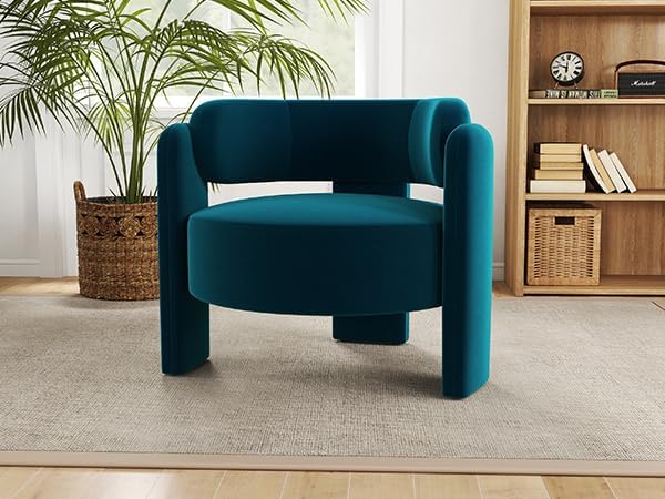 NOBPEINT Mid Century Modern Accent Barrel Chair Round Upholstered Leisure Armchair with Open Back for Living Room Bedroom Apartment Blue