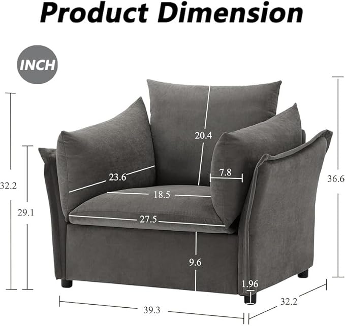 Chenille Oversized Armchair Modern Accent Chair Single Sofa Lounge Chair Chenille Fabric 40 Wide 23.6 Seat Deepth Comfortable Seating for Living Room Bedroom (Grey)