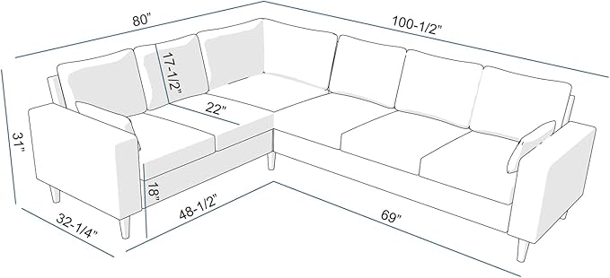 Panana Modern Upholstered L-Shape Sectional Sofa 2 Seater + 3 Seater Corner Couch for Living Room (Grey)