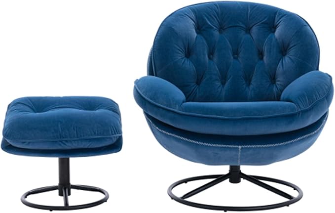 Blue Accent Chair with Ottoman 360 Degree Swivel Velvet Upholstered Chair with Metal Leg Lounge Armchair with Metal Base Frame for Living Room Bedroom Office
