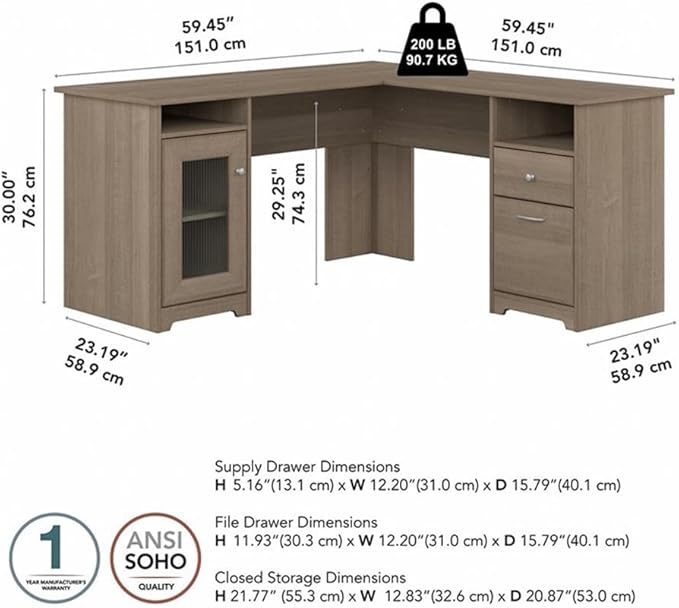 BOWERY HILL 60W L Shaped Computer Desk Ash Gray Finish 59.45x59.45x30 in Durable Wood Built-in Wire Management Fluted Glass Door Storage Cabinet Box and File Drawers Home Office Desk