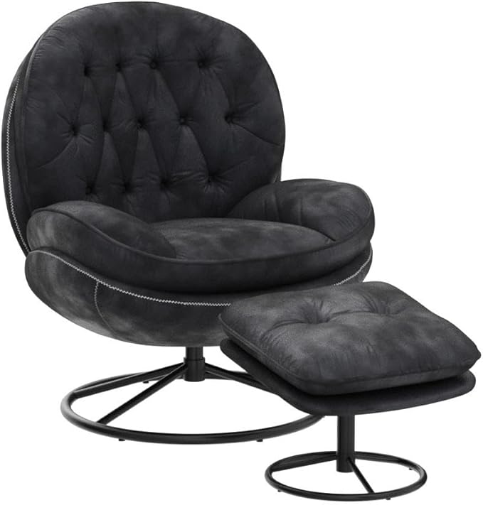 Bellemave Velvet Accent Chair with Ottoman Comfy Armchair with Footrest Modern TV Chair Living Room Chair for Living Room Bedroom Home Office Metal Base Frame (360 Degree Swiveling Black)