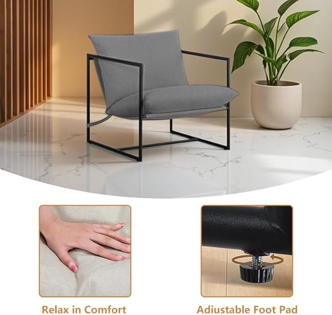 Mid Century Modern Decor Accent ChairComfy Lounge Chair Indoor with Cushion&ampArm&ampIron FrameReading Leisure Chair for Bedroom/Living Room/OfficeGrey