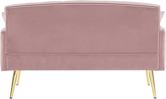 Antetek Upholstered Velvet Loveseat Sofa Modern Small Couch with Side Pocket and Golden Metal Legs Tufted Leisure Sofa for Living Room Bedroom Office Pink