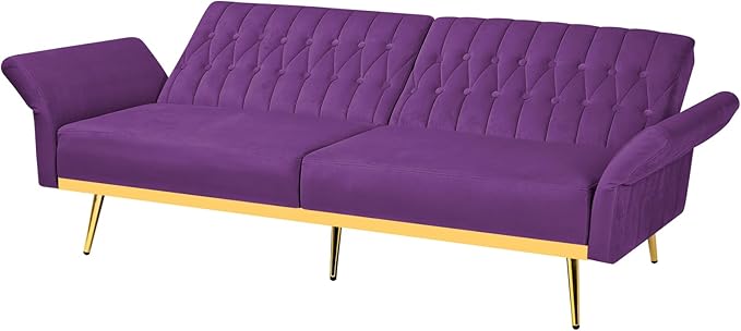 70 Velvet Futon with Adjustable Backrest and Armrests Sofa Bed with Extra Pillows for Waiting Room Living Room and Office Purple