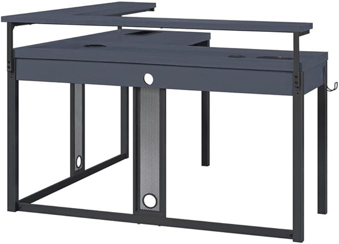 Pemberly Row L-Shape Gaming Desk 54x54x36 in Black Steel Metal Chevron PVC Finish RGB LED Lights Dual Monitor Shelves USB Charging Hub Headphone Hook Home Office or Gaming Desk