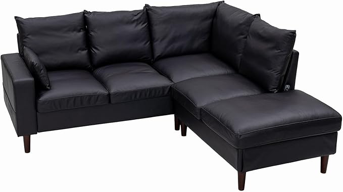 Panana Sectional Sofa 5 Seater L Shape Corner Chaise Sofa for Apartment with Built in USB Port Chaise (Black Artificial Leather 5 Seats Corner Sofa with Built in USB Chaise)