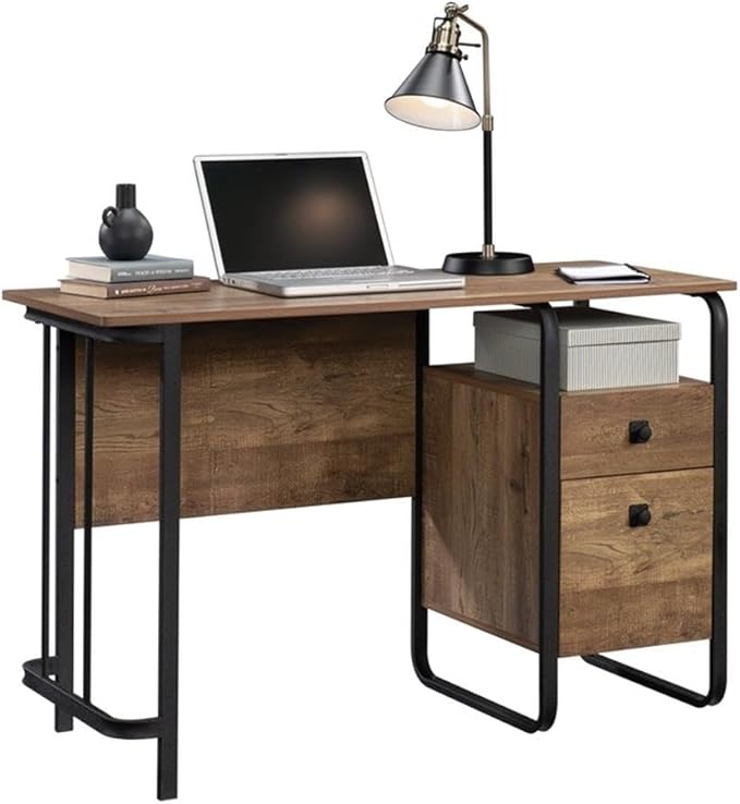 Pemberly Row Contemporary Engineered Wood and Metal Desk 47 in Wide Etched Oak Finish Powder-Coated Metal Frame Spacious Workspace Storage Drawers Home Office Computer Desk