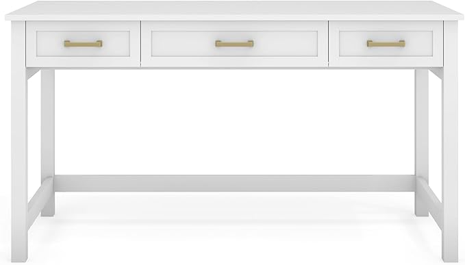 Martha Stewart Hutton Shaker Style Home Office Desk with 3 Drawers in White with Polished Brass Hardware