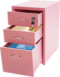 3-Tier Vertical File Cabinet Metal Mobile File Cabinet with Lock+Wheels Lockable Filing Cabinet with 2 Keys Rolling File Cabinets with Lock for Home Office (Pink)