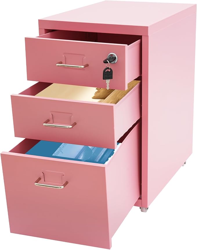 3-Tier Vertical File Cabinet Metal Mobile File Cabinet with Lock+Wheels Lockable Filing Cabinet with 2 Keys Rolling File Cabinets with Lock for Home Office (Pink)