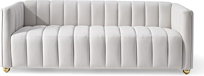 Direct Glam Fabric Upholstered Solid Wood Frame 82.7 Art Deco Sofa for Living Room Office Sophisticated 3 Seater Couch Ivory