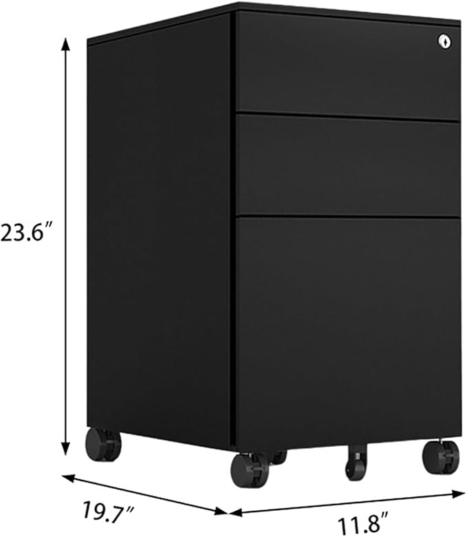 3 Drawer File Cabinet with Wheels Metal Filing Cabinets for Home Office with Lock Under Desk Drawer Organizer Fully Assembled Fits Letter A4 Standard Sizes (Black 23.6*11.8*20.5)