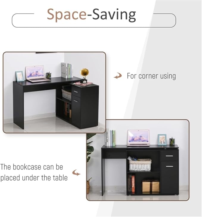 Home Office Computer Desk Corner Desk with 2 Drawers and 2 Shelves 46 Inch Large L-Shaped Study Writing Table with Storage Cabinet - Black