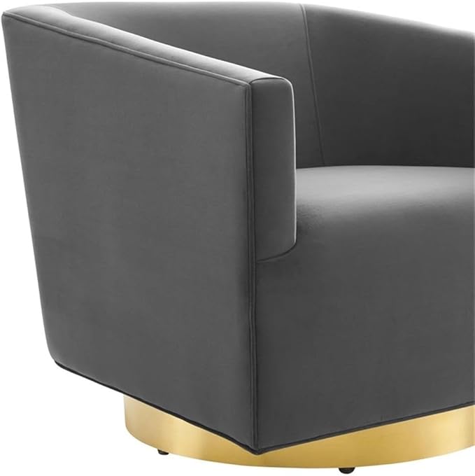 Pemberly Row Performance Velvet Swivel Chair 28H x 31.5W x 33D Brushed Gold Metal Base Stain-Resistant Charcoal Upholstery Dense Foam Padding Barrel Back Design for Living Room or Lounge Use