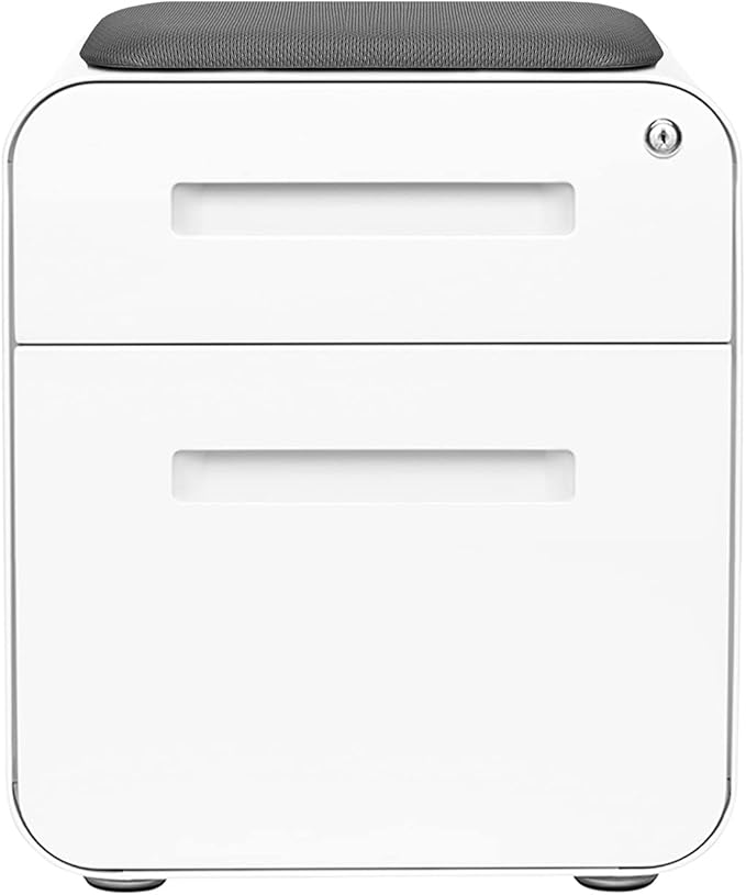 Laura Davidson Furniture STOCKPILE Mini Seated 2 Drawer Mobile File Cabinet with Removable Magnetic Cushion Seat - Short Version Metal Filing Cabinet Pre-Assembled White with Grey Cushion