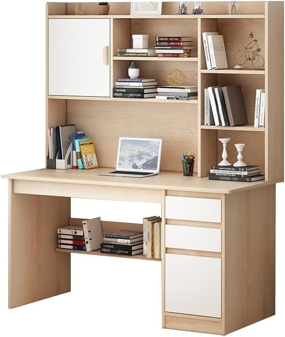 LITFAD Modern Computer Desk Work from Home Desk with Hutch Bookcase and Integrated Cable Management Rectangular Wood Office Desk 3 Drawers 47.2 L x 17.7 W x 64.2 H Natural