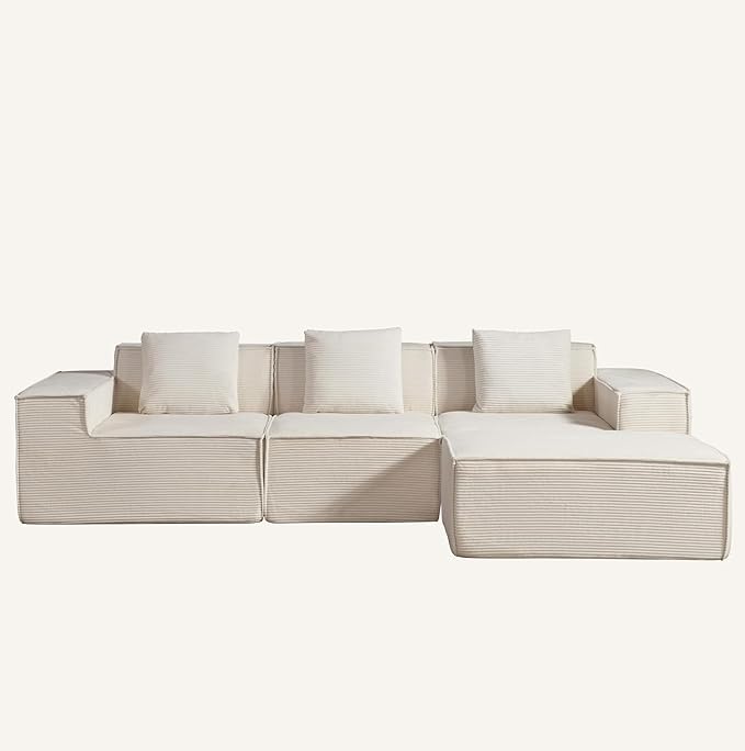 Harper Convertible Corduroy Sectional Couch with Ottoman &amp Pillows Modular L Shaped Sleeper Sofa Boneless Cloud Couch for Living Room Furniture Beige
