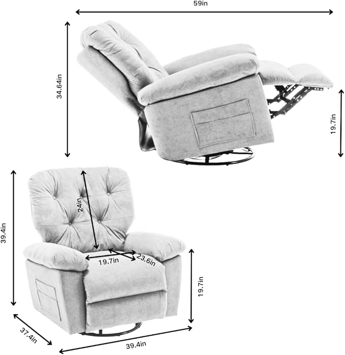 Rocking Recliner Chair 360 Degree Swivel Recliner Chairs with Pocket for Adults Comfy Glider Recliner Nursery Chair with High Back for Living Room Bedroom (Blue)