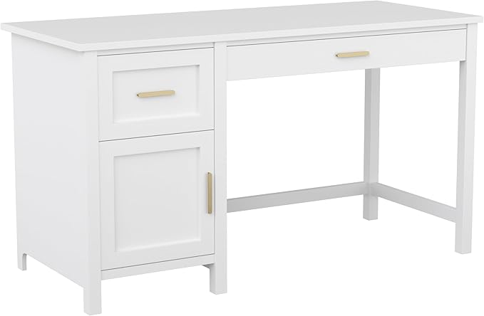 Martha Stewart Hutton Shaker Style Home Office Desk with Storage in White with Polished Brass Hardware