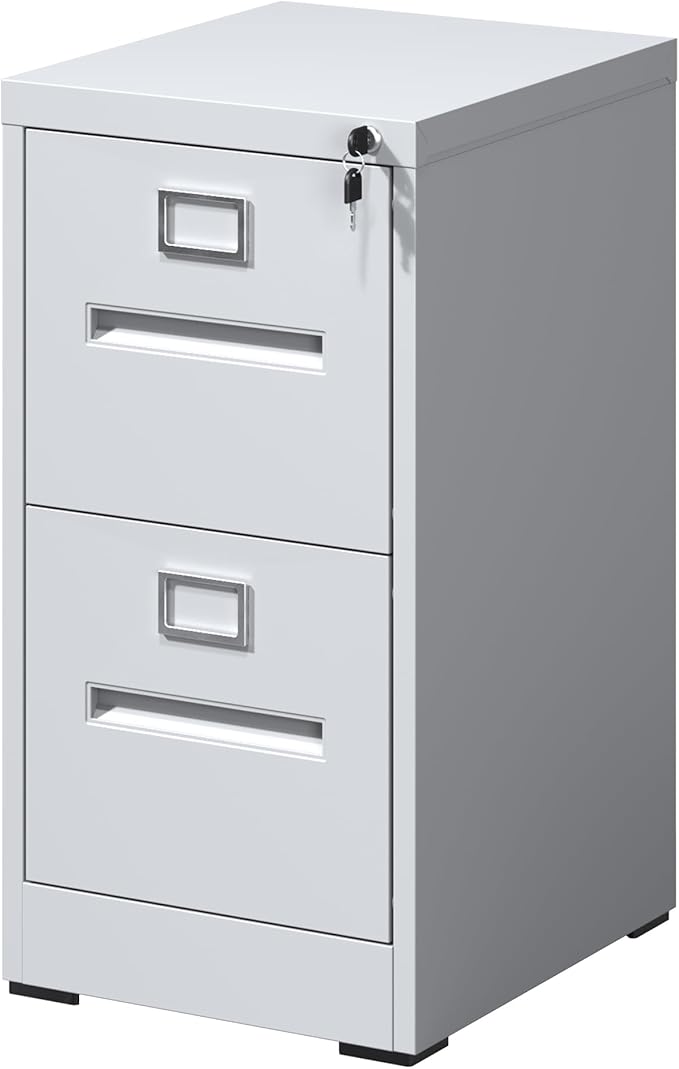 2 Drawer File Cabinet with LockSmall Metal Vertical Filing Cabinets Office Home A4 Letter Size Narrow File Cabinet LockedAssembly RequiredWhite