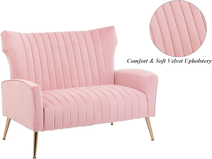 Velvet Couch Modern Wingback Loveseat Tufted Luxury Sofa with Gold Legs for Living Room/Bedroom Light Pink